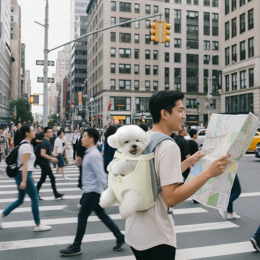 White dog in a beige pet carrier is being carried through the city