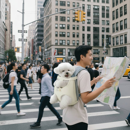White dog in a beige pet carrier is being carried through the city