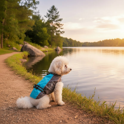 Dog wearing a blue and gray rain poncho jacket hiking outdoor