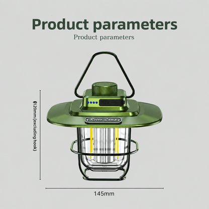 An olive green outdoor lantern with a black metal handle and cage, shown on a light gray background with 'Product parameters' text and dimensions indicating 145mm width and 20mm excluding hook height.
