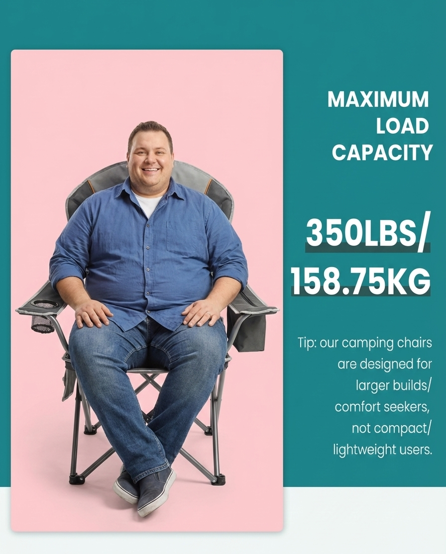 500 lbs Heavy Duty Folding Camping Chair w/ Cup Holder & Cooler Bag | Portable Outdoor Beach Seat