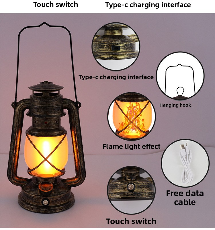 LED Rechargeable Table Lamp, Retro Flame Table Lamp For Outdoor Camping And Bars, Portable Hanging Retro Hurricane Lantern For Tents