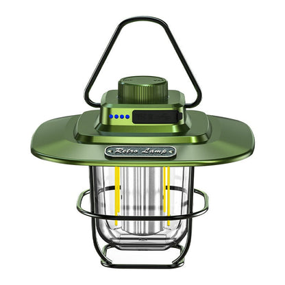 Vintage-Style, retro-style Rechargeable Camping Lantern for outdoor with a wire cage and a built-in handle, illuminated with warm, classic character to outdoor lighting