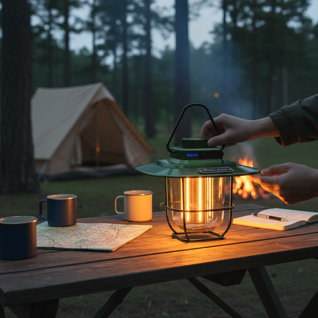 A green vintage-style lantern with a warm glowing light inside is placed on a wooden picnic table at a campsite, with a tent, trees, and a fire visible in the background. A person's hands are adjusting the lantern handle.