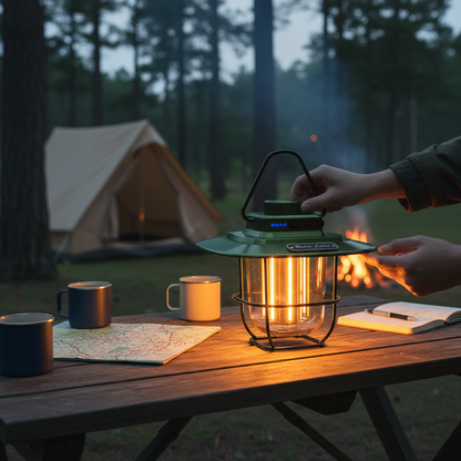 A green vintage-style lantern with a warm glowing light inside is placed on a wooden picnic table at a campsite, with a tent, trees, and a fire visible in the background. A person's hands are adjusting the lantern handle.