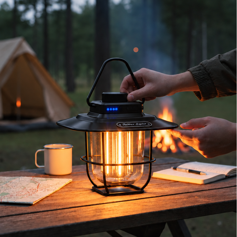 A black lantern with a warm glowing light inside is placed on a wooden picnic table at a campsite, with a tent, trees, and a fire visible in the background. A person's hands are adjusting the lantern handle.