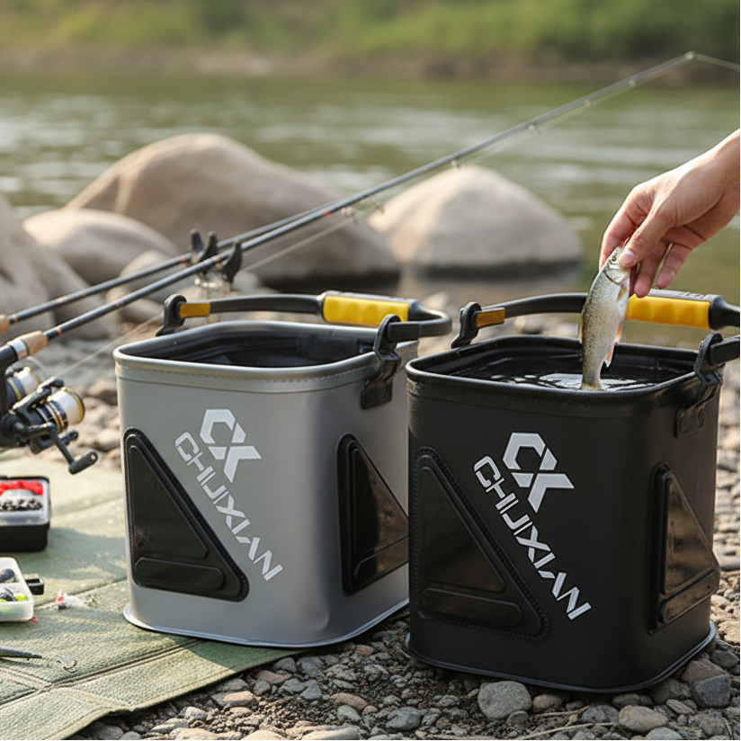 Two foldable bucket fishing bags, one silver and one black, on a rocky riverbank. A person's hand is holding a small fish over the black bucket.