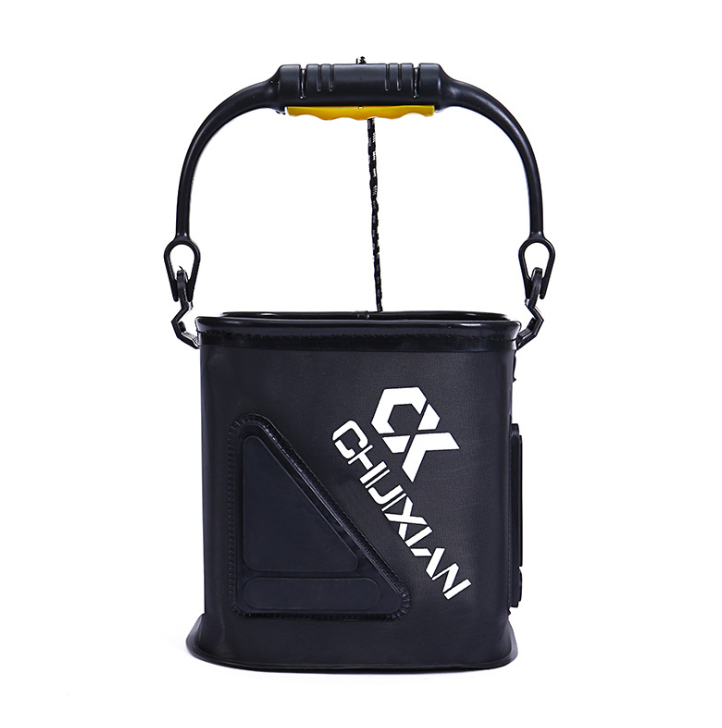 Black folding bucket with handle and visible brand logo on a white background