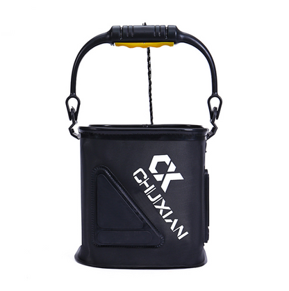 Black folding bucket with handle and visible brand logo on a white background