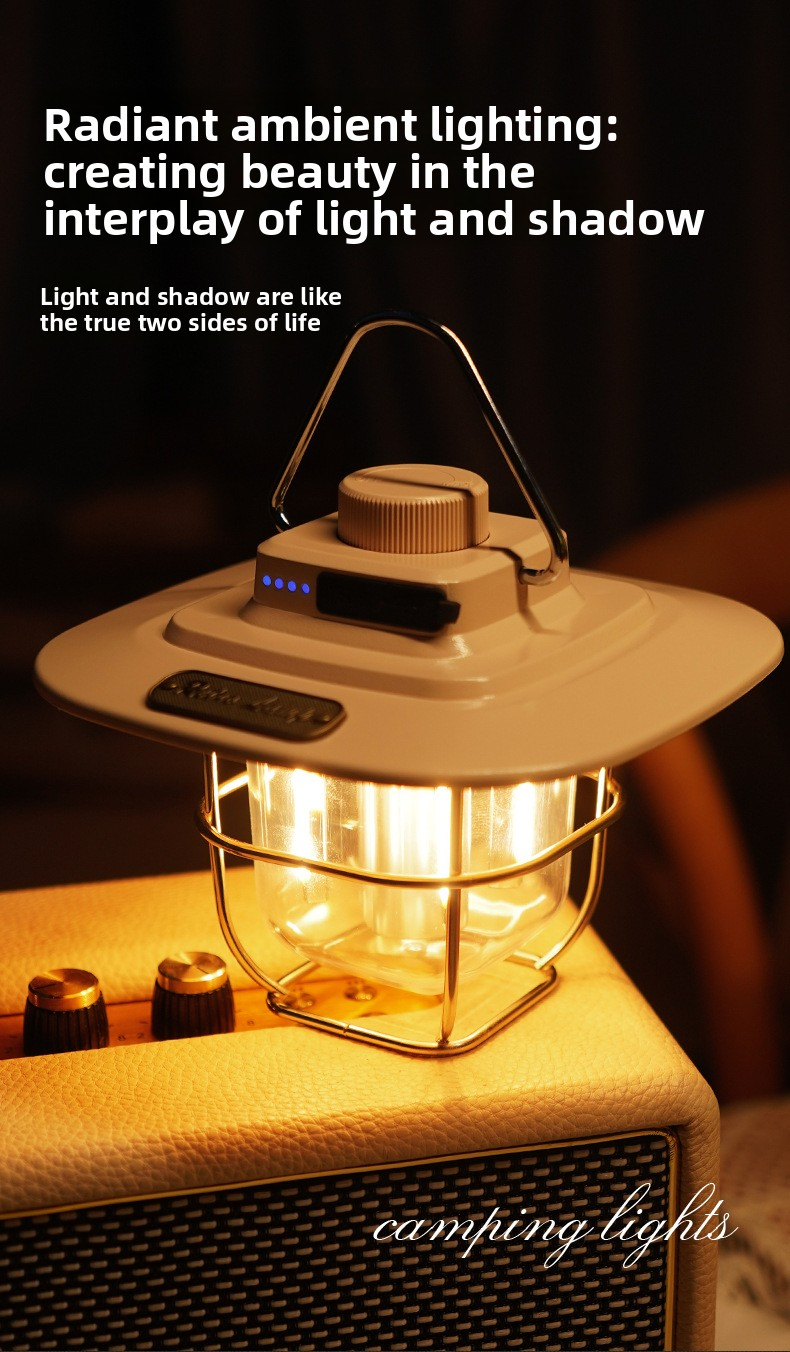 Vintage Outdoor Camping Lantern, Portable Kerosene Lamp Style Light, Smart Rechargeable Handheld Lamp, LED Tent Light