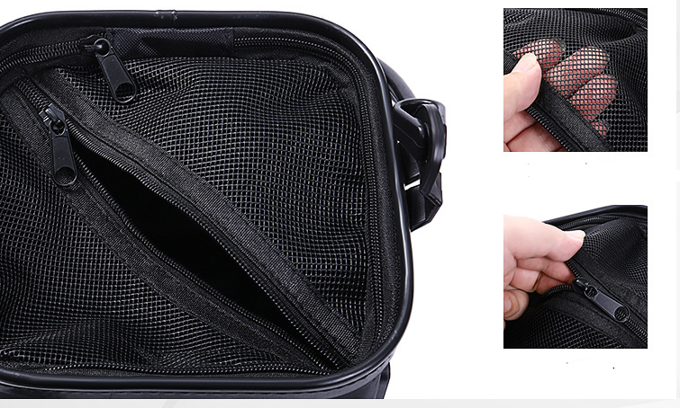 Black mesh bag with zippers, showing interior and hand holding it.
