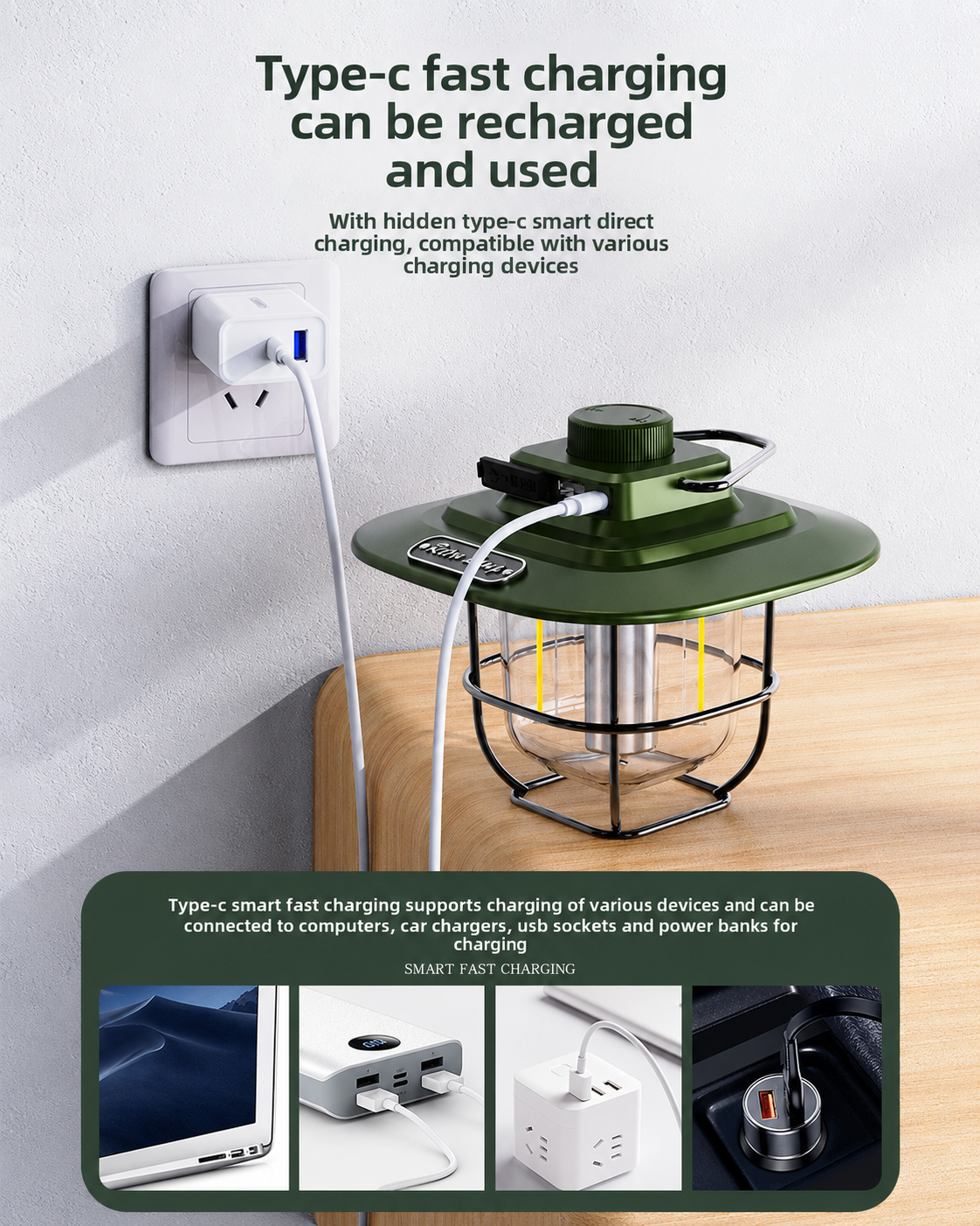 A green and black camping lantern plug-in power bank shown plugged into a wall outlet on a wooden table, with feature callouts below about Type-C fast charging compatibility.