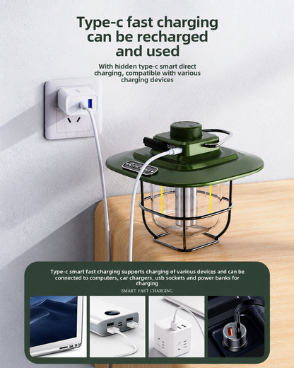 A green and black camping lantern plug-in power bank shown plugged into a wall outlet on a wooden table, with feature callouts below about Type-C fast charging compatibility.
