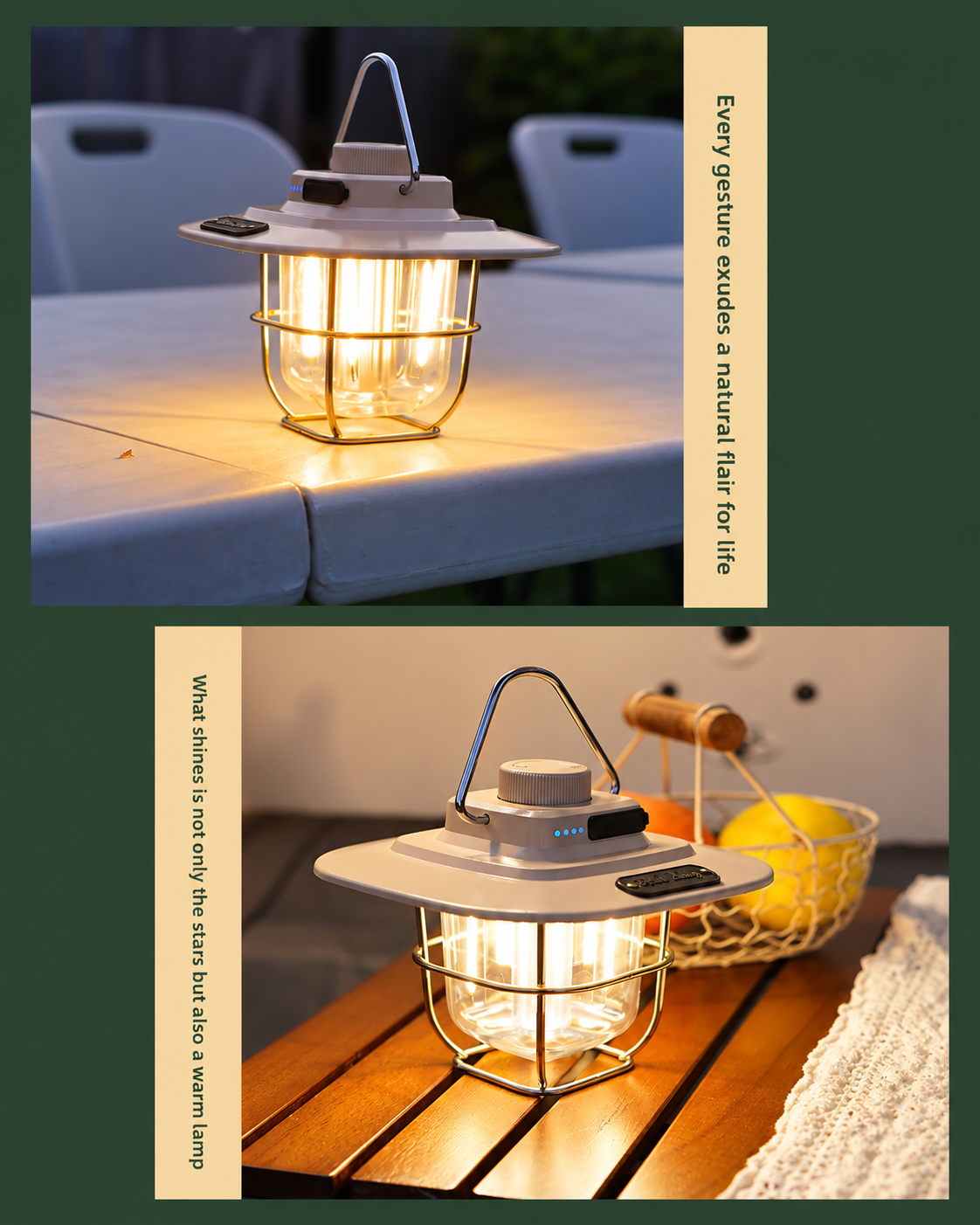 A dual-panel lifestyle image showcasing a solar lantern lamp in two settings: one on a light blue table at dusk, and another on a wooden table at night. The lantern has a white top lid, a gold wire cage, and a clear glass body, emitting a warm yellow light.