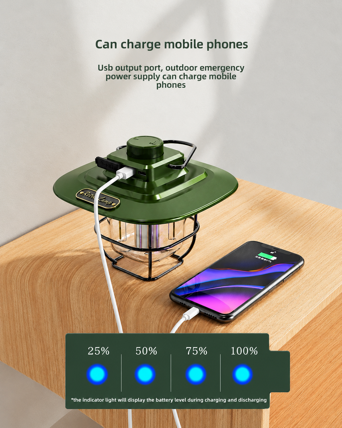 An outdoor emergency power supply in olive green shown charging a smartphone on a wooden table, with text explaining phone charging capability and a battery percentage indicator graphic at the bottom.