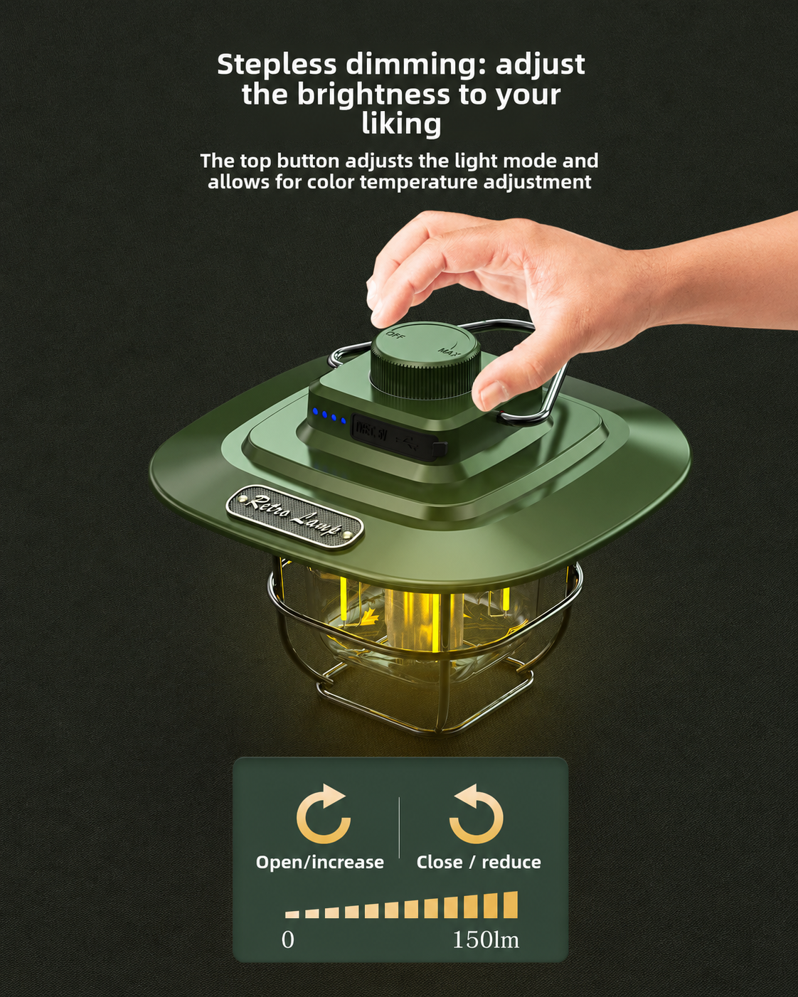 An outdoor lantern with a dark green top and frame, featuring a hand adjusting the top button to change brightness and color temperature. The lantern is lit with a warm yellow glow inside a clear cage.
