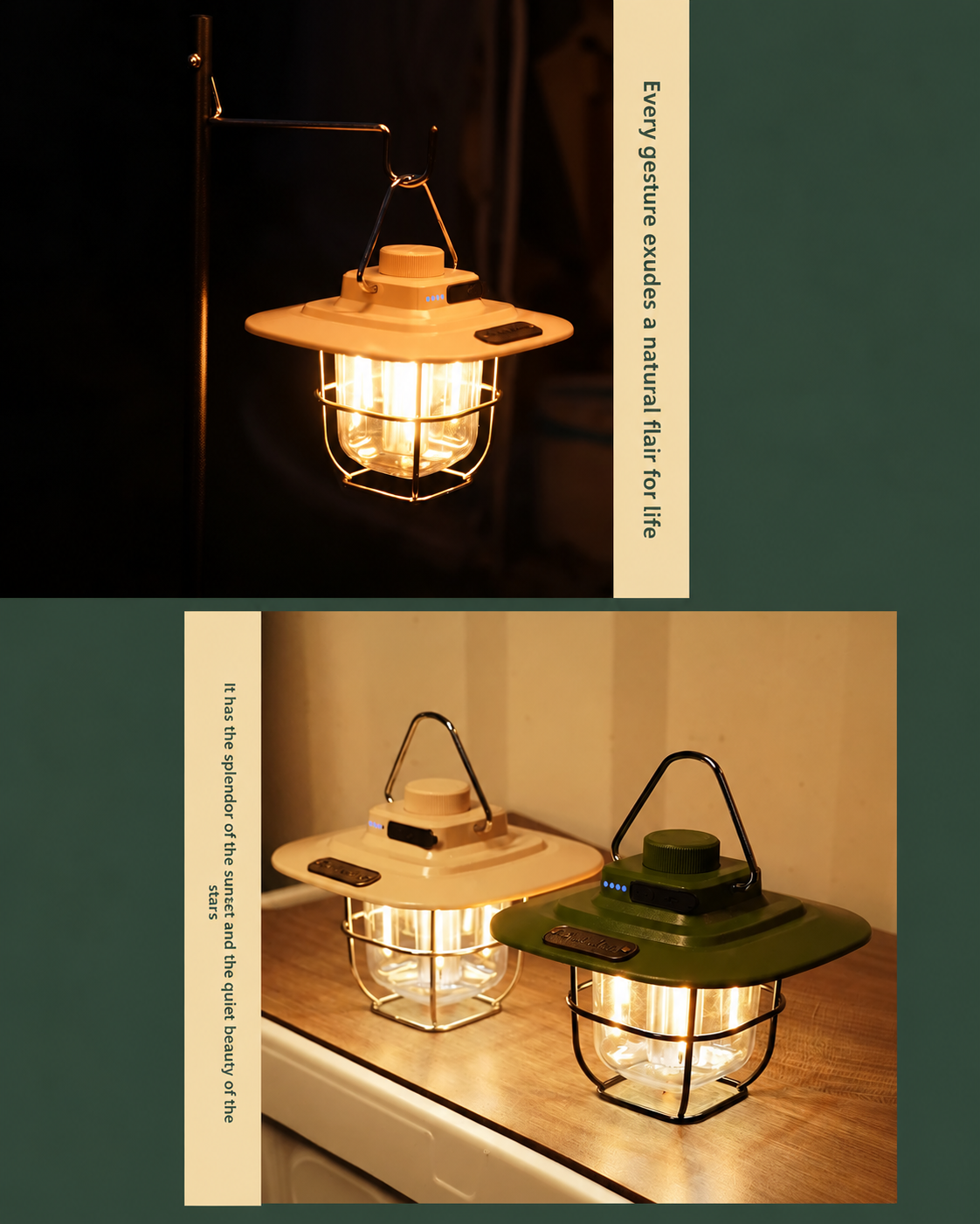 Two solar lanterns shown in a split composition: one lit and hanging against a dark background in the top half, and two lanterns lit on a wooden surface in the bottom half. The lanterns have beige and olive green lids with black wire cages and solar panel attachments.