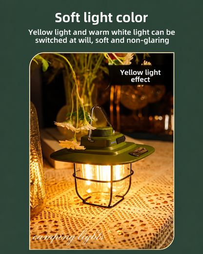 A camping lantern with a green metal body and wire cage, glowing with warm yellow light on a textured beige surface. Yellow light effect.