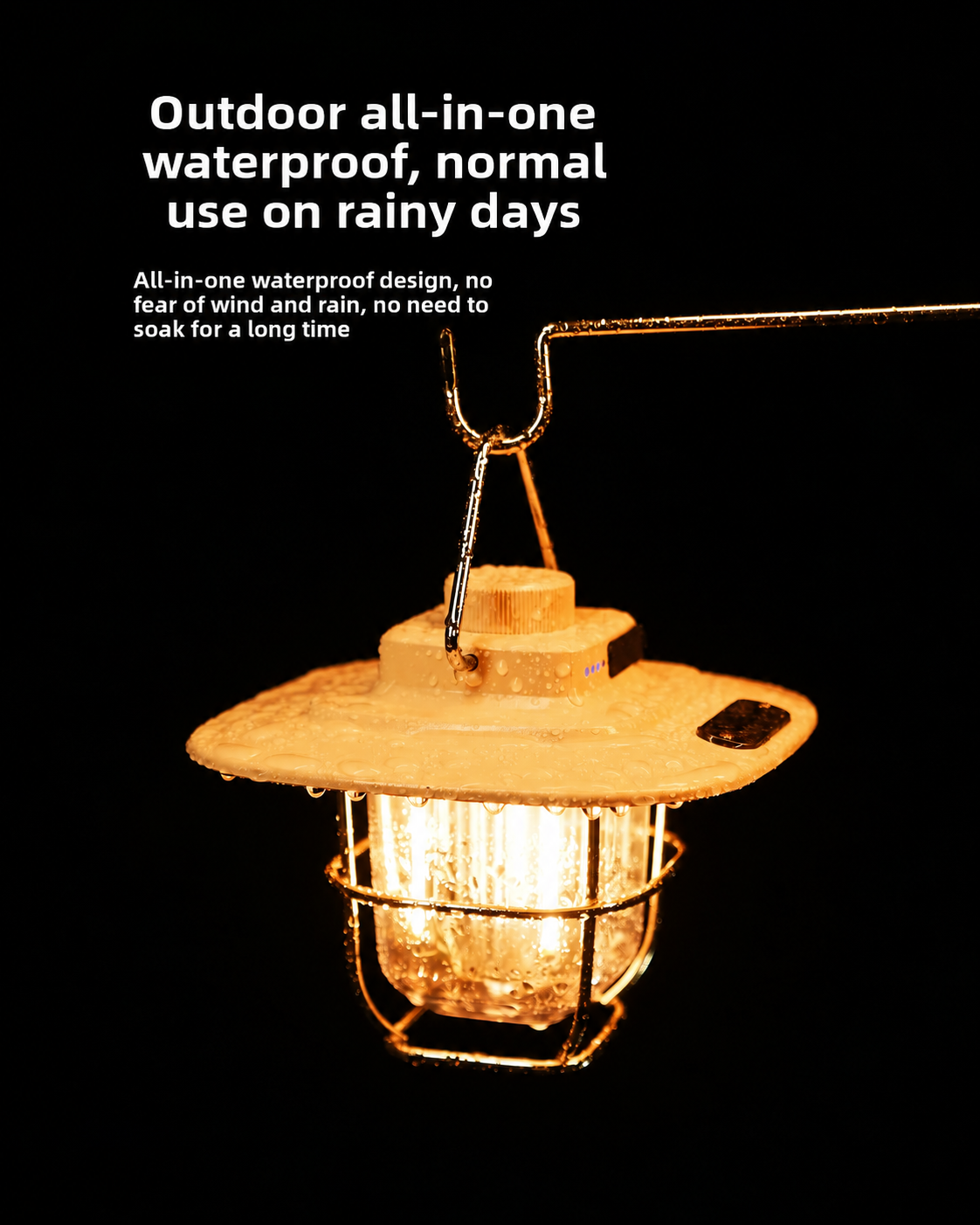 A warm white outdoor lantern with a protective cage and a small solar panel on the side, shown hanging against a black background about waterproof use on rainy days.
