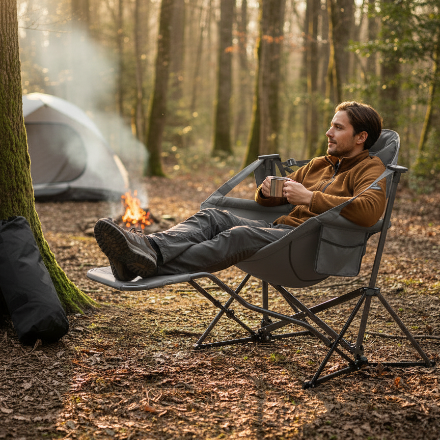 A man relaxes in a gray hammock camping folding chair on a forest floor near a tree trunk, with a small campfire and a white dome tent in the background.