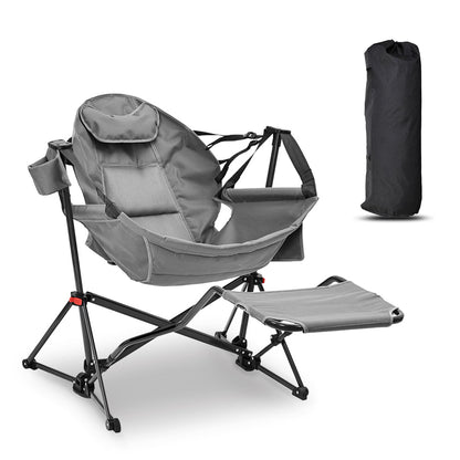 Gray camping chair with footrest and carrying bag