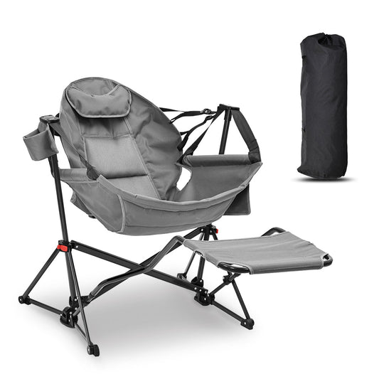 Gray camping chair with footrest and carrying bag