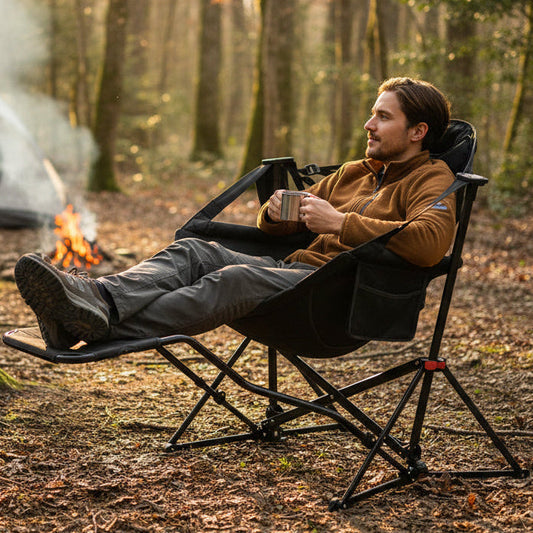 A man relaxes in a black camping folding chair with an attached cup holder, sitting in a wooded campsite setting with a fire pit and a tent in the background.