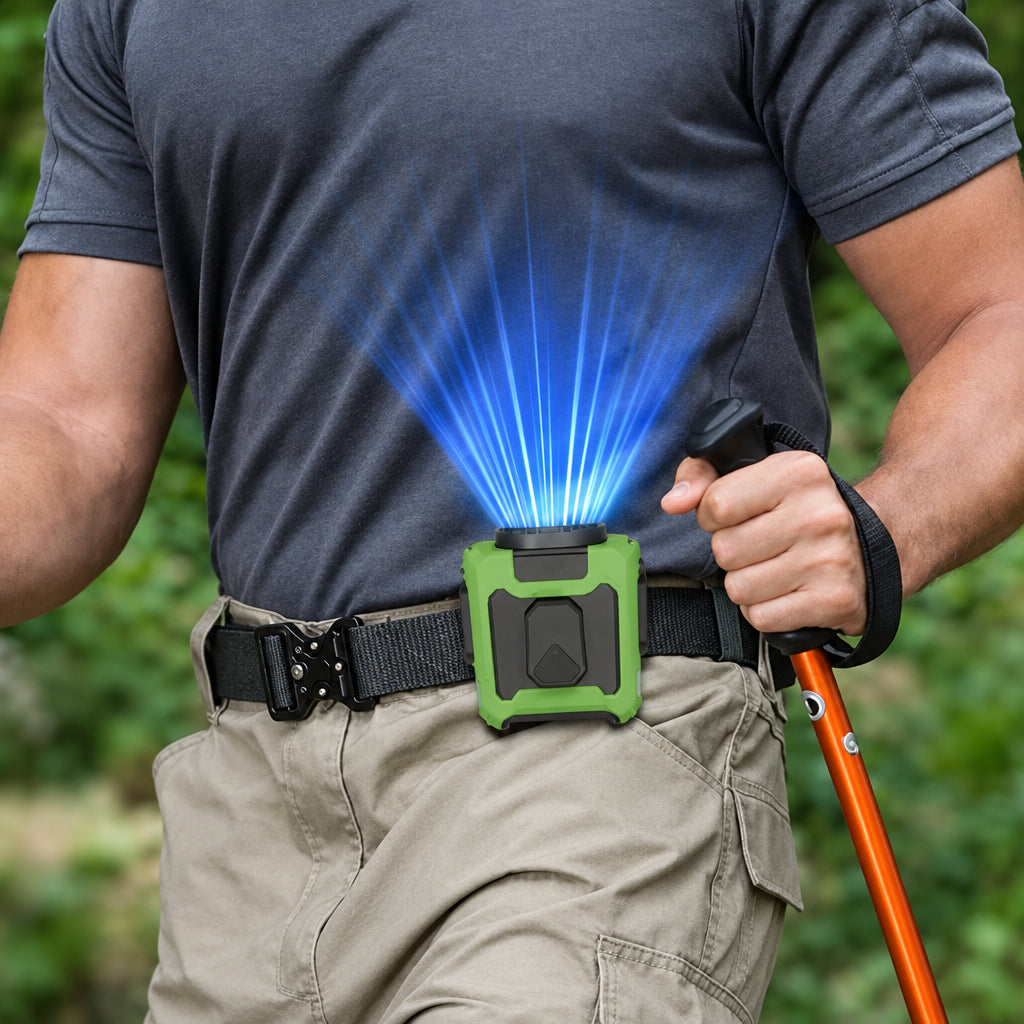 waist fan clipped around the belt for outdoor hiker in hot weather
