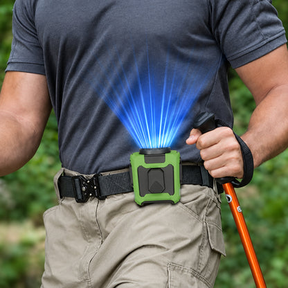 waist fan clipped around the belt for outdoor hiker in hot weather
