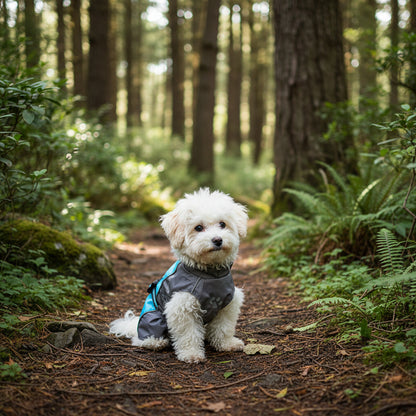 Small white dog wearing a gray and blue raincoat in a forest outdoor hiking trail