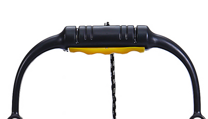 Black and yellow handle of a portable Fishing Water and Catch Bucket on a white background