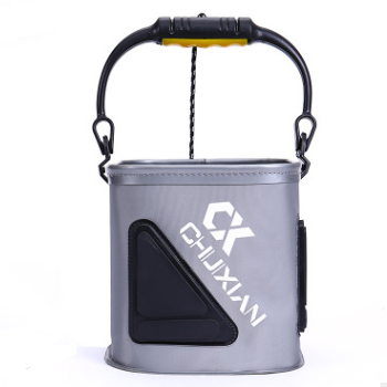 Gray folding bucket with black handle and visible brand logo on a white background