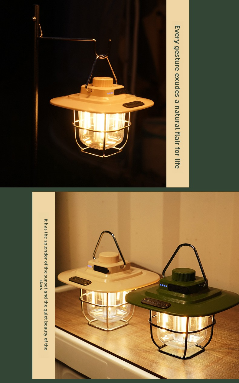 Vintage Outdoor Camping Lantern, Portable Kerosene Lamp Style Light, Smart Rechargeable Handheld Lamp, LED Tent Light