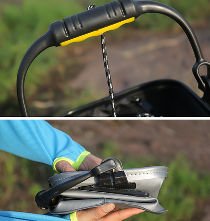 Collage of a Portable Fishing Water and Catch Bucket and a person folding a bucket outdoors.