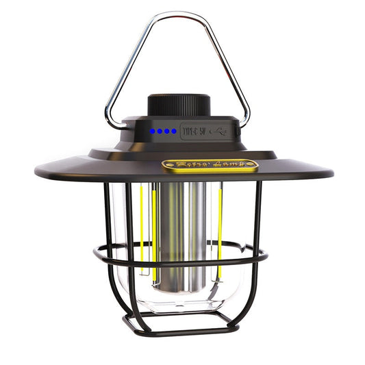 Vintage-Style Rechargeable Camping Lantern for outdoor with a wire cage and a built-in handle, illuminated with warm, classic character to outdoor lighting