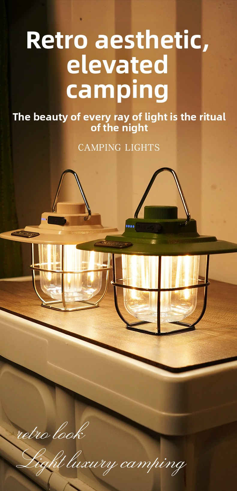 Vintage Outdoor Camping Lantern, Portable Kerosene Lamp Style Light, Smart Rechargeable Handheld Lamp, LED Tent Light