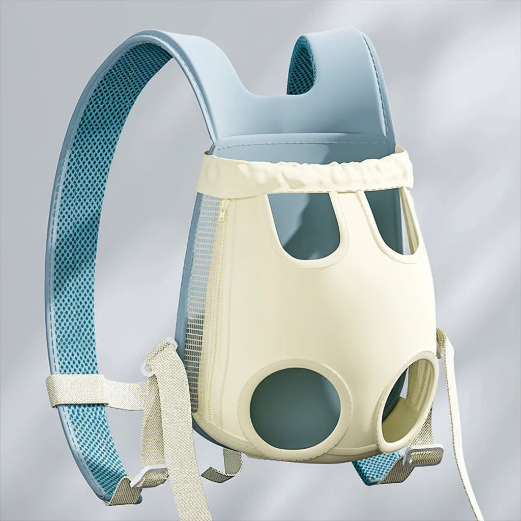 Pet carrier with blue and beige design on a light gray background