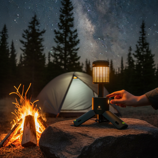 A portable camping lantern with a glowing grid-patterned top and a small tripod base sits on a rock in a campsite setting at night, with a lit tent, campfire, pine trees, and a starry sky in the background. A person's hand is touching the lantern.