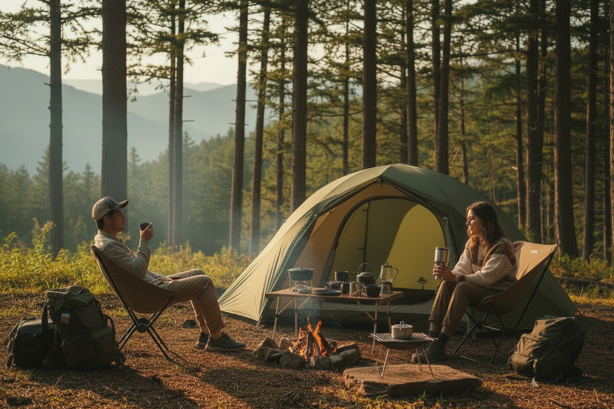 A couple relaxes in folding chairs around a small campfire outdoor next to a dome tent in a forest during golden hour while cooking meals with camping cook ware.